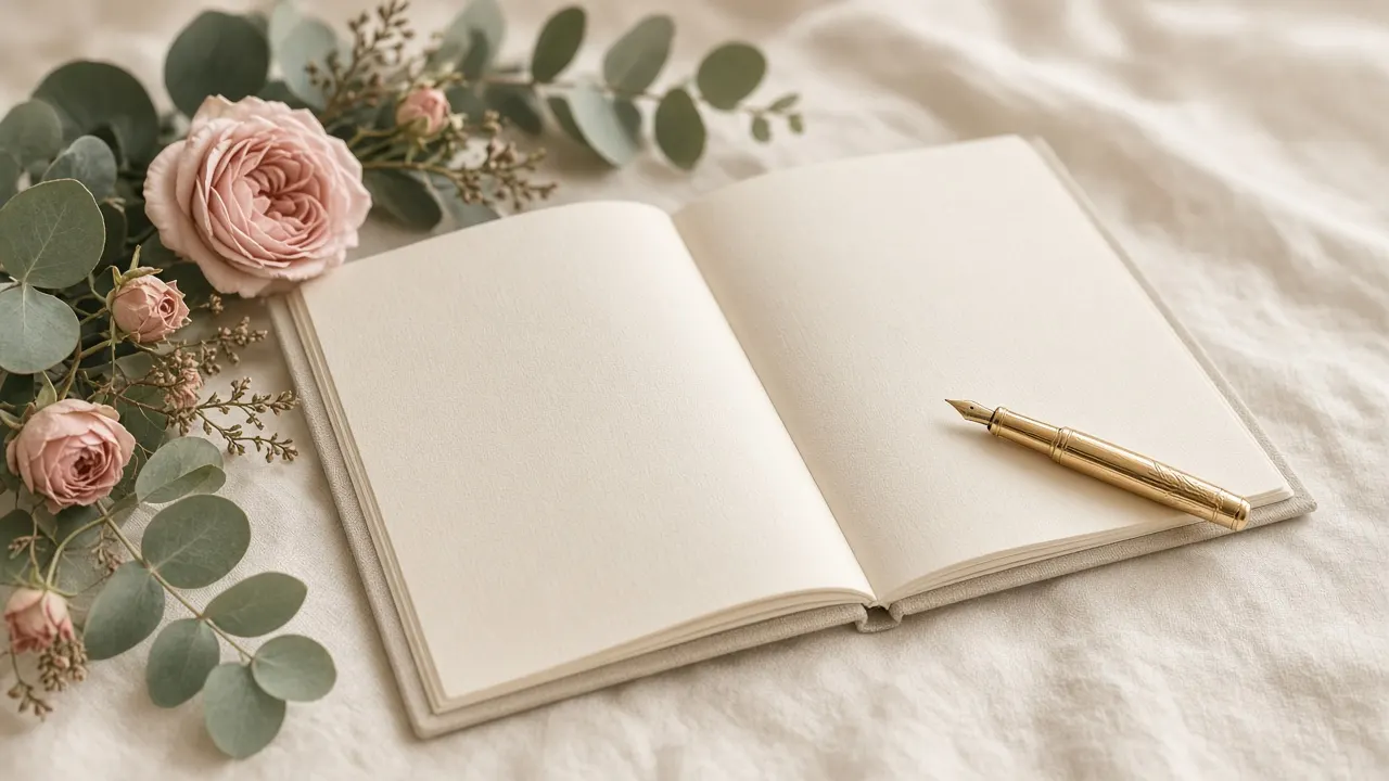 Open linen wedding guest book with dusty rose flowers, eucalyptus and a gold pen